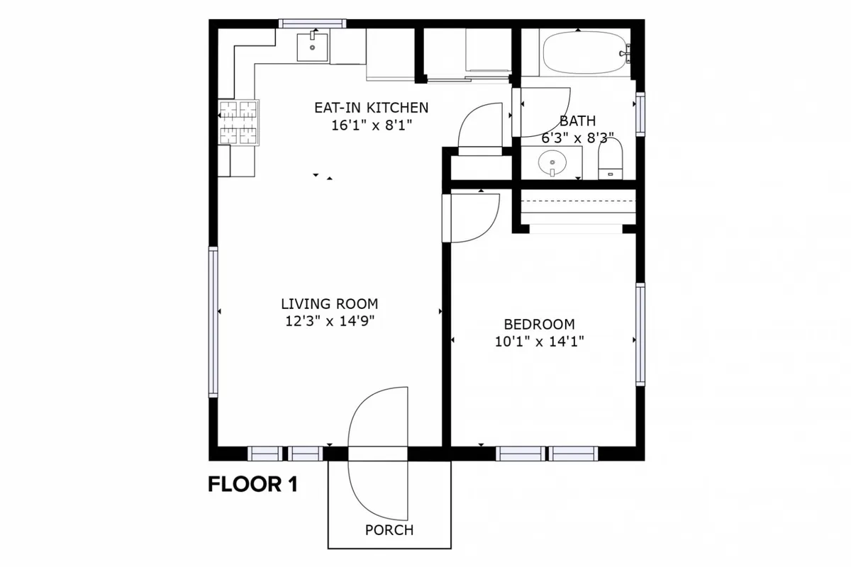 A wide shot encompassing the eat-in kitchen, seamlessly connected to the living room, bedroom, bathroom, and porch. The kitchen is central, inviting communal cooking and dining, while the adjacent living spaces show the open, flowing layout.